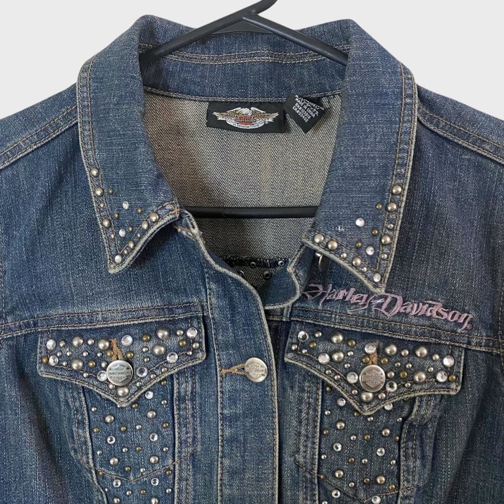 Y2K Harley-Davidson Embroidered Jean Jacket Women's Small Rhinestone Studded - Picture 5 of 14